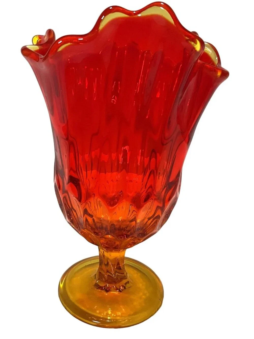 Vtg Fenton Art Glass Vase UV Thumbprint Amberina Handkerchief Swung w/ Pedestal